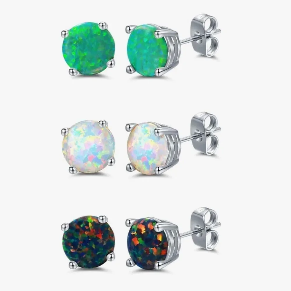 NEW 18K White Gold Plated Created Opal Stud Earrings 3 P Set